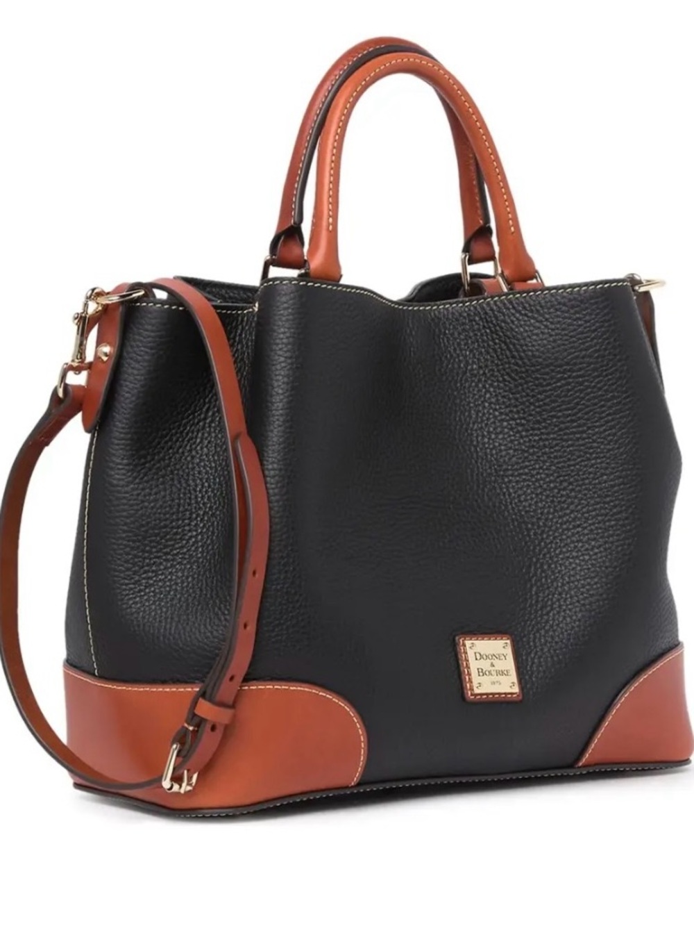 Dooney & Bourke Black and Tan Pebble Leather Satchel with Top Handles